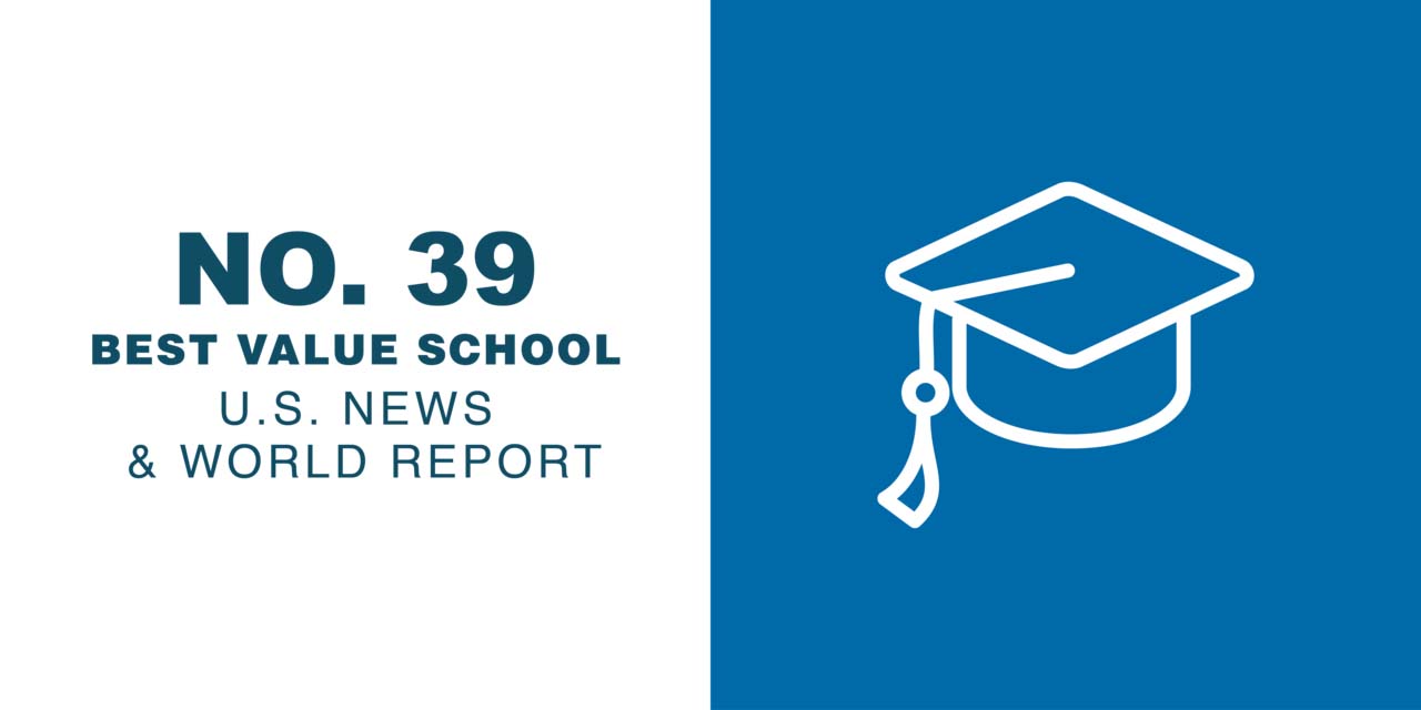 Graduation cap icon with text: No. 39 Best Value School By U.S. News & World Report