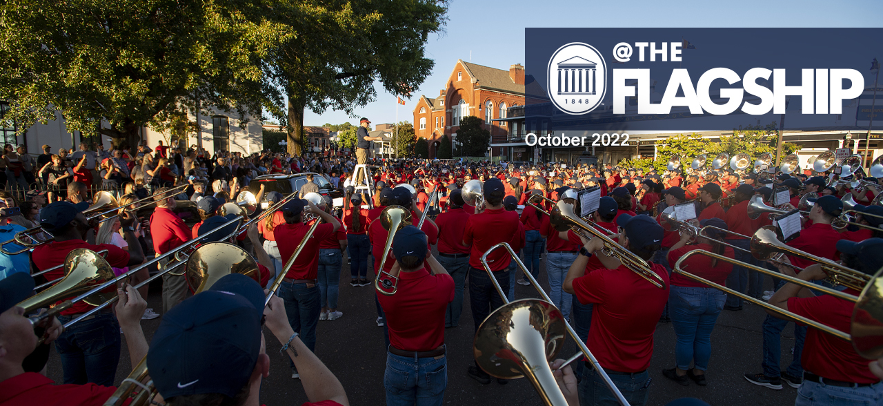@TheFlagship October 2022. Members of the Pride of the South marching band perform on the Oxford Square during the university’s 2022 homecoming pep rally.